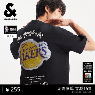 【NBA联名】杰克琼斯男装夏新款湖人队印花短袖T恤宽松刺绣打底衫