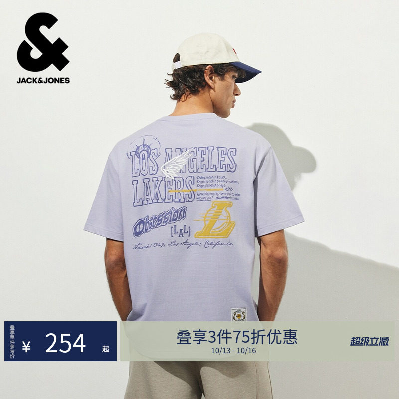 【NBA湖人队】杰克琼斯夏男装T恤短袖宽松刺绣胶印圆领22630