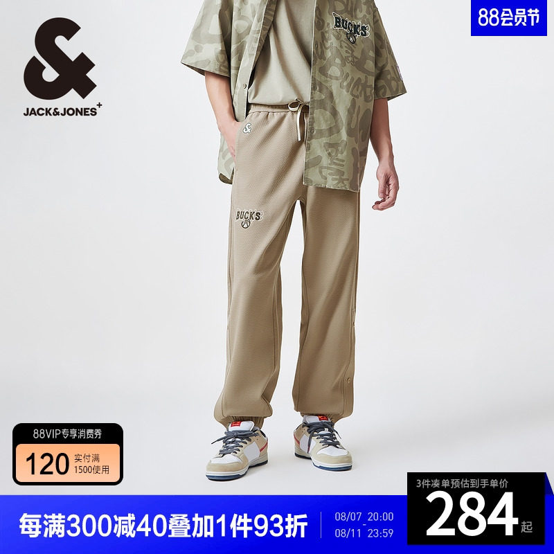 杰克琼斯nba联名雄鹿队潮流两侧按扣开叉宽松休闲运动束脚卫裤男