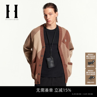 宽松罗纹格纹毛衣字母刺绣纽扣开衫 SEASONHIGH春季 针织衫 男装 款