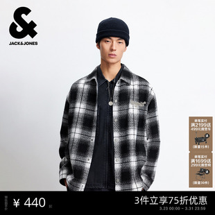 杰克琼斯毛呢外套男春季 质感羊髦夹克休闲含羊毛字母格纹上衣男装