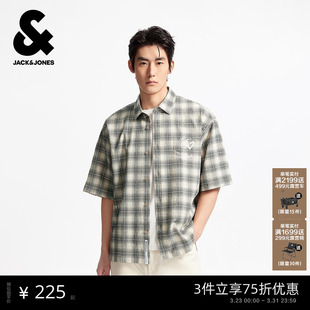 启豪同款 刺绣皮标宽松休闲翻领短袖 杰克琼斯男装 新款 衬衫 春季