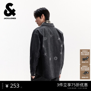 衬衫 杰克琼斯男装 字母图案休闲深灰牛仔宽松翻领长袖 新款 外套 春季