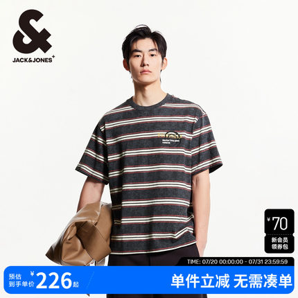 杰克琼斯男装2025年夏季新款条纹纯棉刺绣短袖男款T恤衫225101056