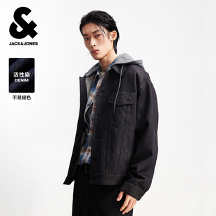 杰克琼斯原色牛仔夹克男春季新款休闲宽松假两件针织连帽上衣男装