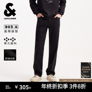 长裤 903杰克琼斯男装 男款 弹力直筒黑色牛仔裤 子 秋冬保暖薄绒新款