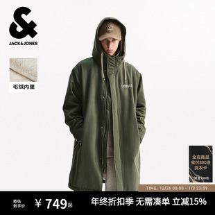 杰克琼斯男装 棉衣拼接毛绒内里抽绳连帽宽松字母刺绣中长外套 冬季