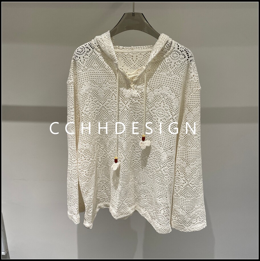 欧洲站女装2026春季新款镂空钩花连帽长袖针织衫女宽松百搭显瘦