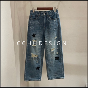 欧洲站女装 新款 高街风破洞烫钻五角星阔腿牛仔裤 设计感 2026春季