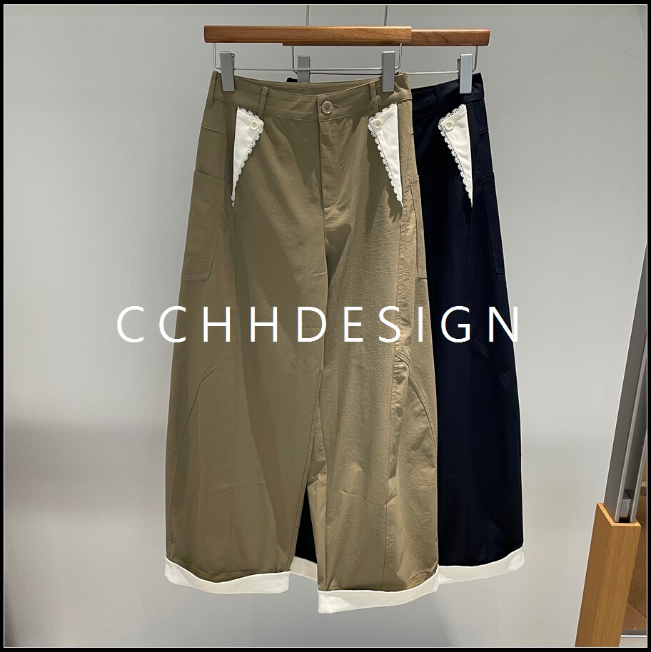 欧洲站女装2026春季新款通勤简约风拼色花边口袋阔腿裤女宽松休闲