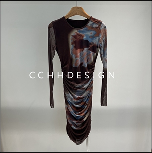 欧洲站女装2026春季新款御姐风印花连衣裙长袖收腰修身显瘦包臀裙