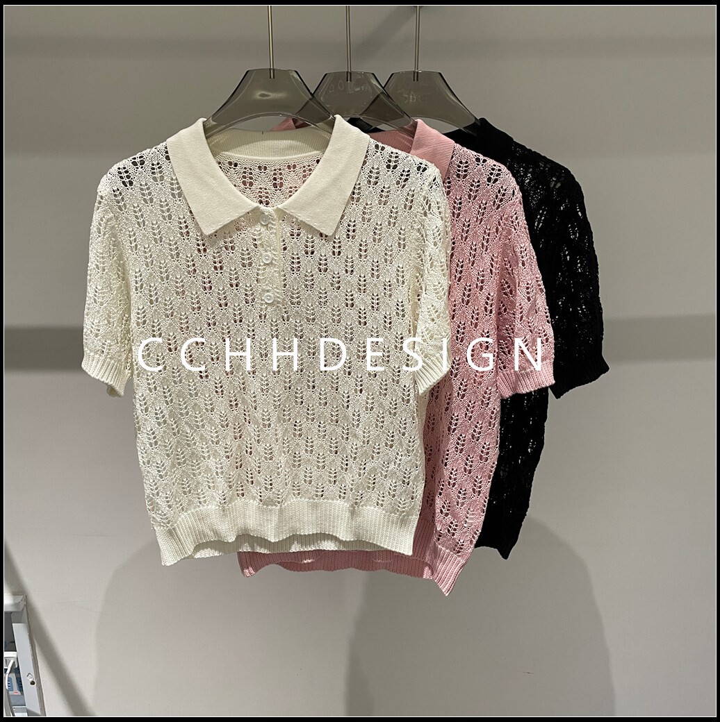 欧洲站女装2026夏季新款翻领镂空针织衫女短袖polo衫透视薄款上衣