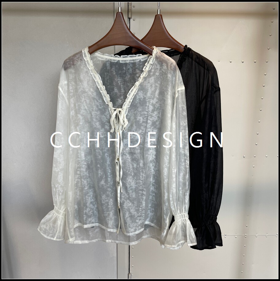 欧洲站女装2026夏季新款法式木耳边系带长袖衬衫透视纱质宽松V领