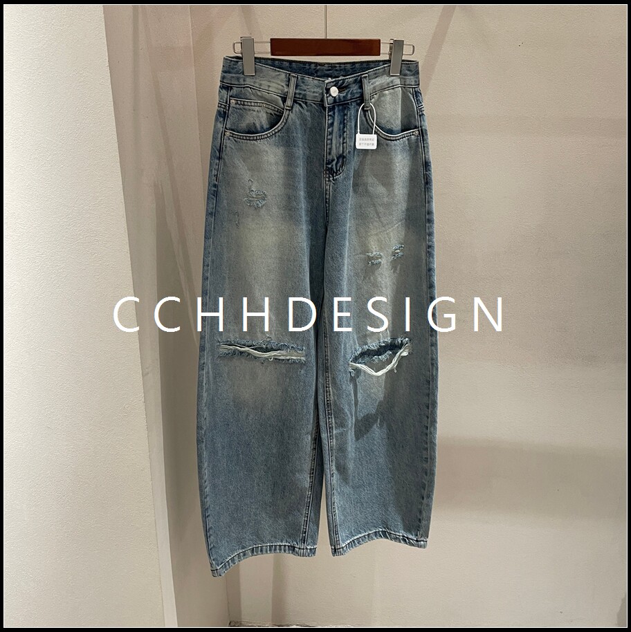 欧洲站女装2026夏季新款韩版时尚高腰破洞直筒牛仔裤宽松显瘦休闲