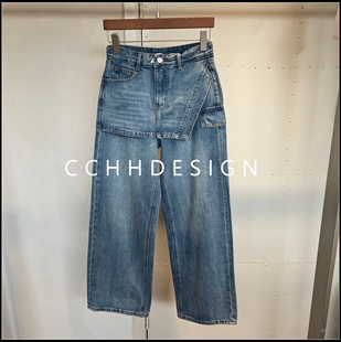 2026春季 裤 新款 显瘦磨白工装 高腰假两件拼接设计牛仔裤 欧洲站女装