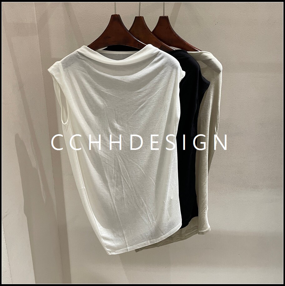 欧洲站女装2026夏季新款极简一字肩褶皱背心设计感露肩T恤打底衫
