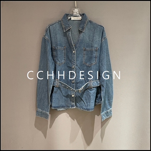 复古牛仔风收腰衬衫 新款 显瘦百搭腰带翻领外套 2026春季 欧洲站女装