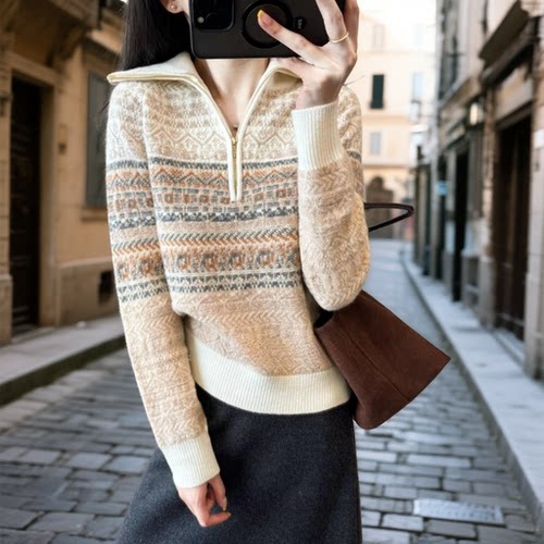 秋冬女纯羊毛老钱风半拉链毛衣