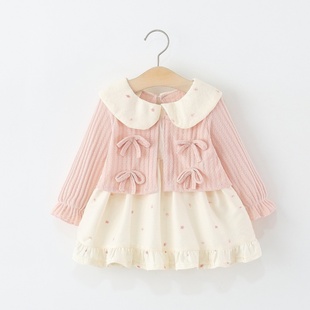 女童长袖连衣裙春秋季儿童女宝宝娃娃领蝴蝶结碎花假两件公主裙子