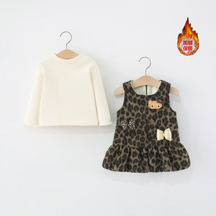 秋冬季 婴儿童女宝宝豹纹花苞公主裙子两件套加绒 女童裙套装 潮童装
