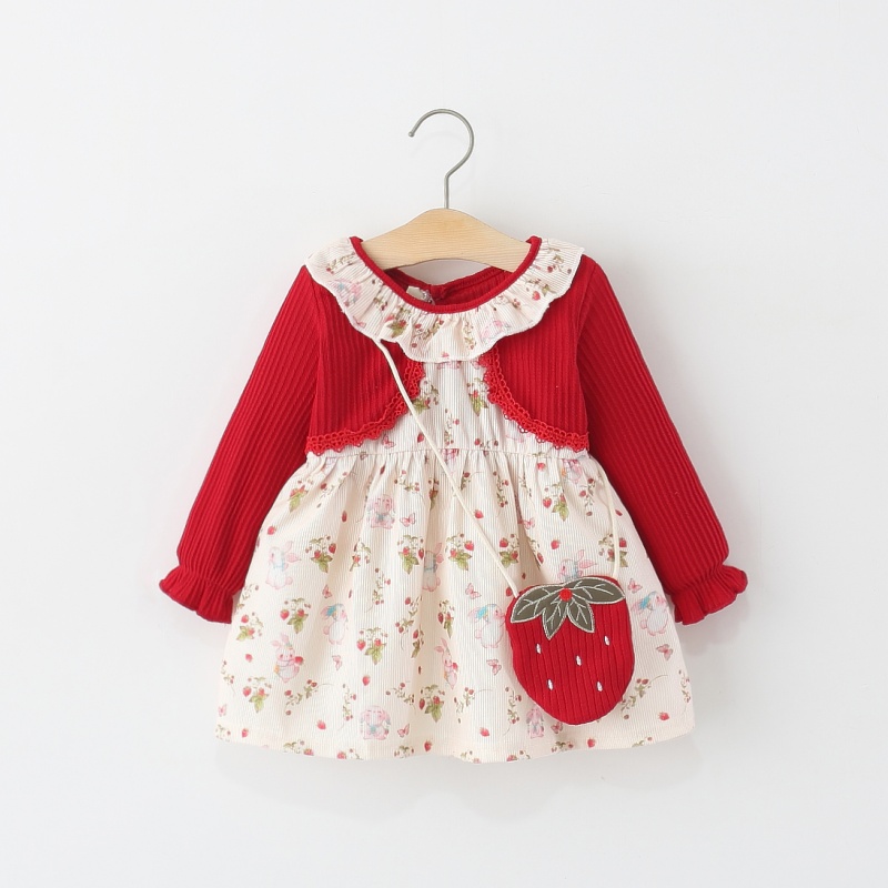 儿童宝宝碎花草莓假两件公主裙子