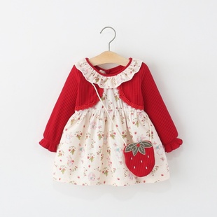 3岁 女童连衣裙春秋季 婴儿童女宝宝碎花草莓假两件公主裙子0一1