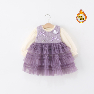 童装女童裙套装冬季儿童女宝宝卡通蓬蓬纱公主裙子两件套加绒洋气