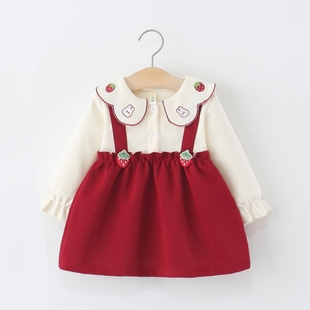 女童连衣裙春秋季婴儿童女宝宝长袖草莓娃娃领假两件公主裙子洋气