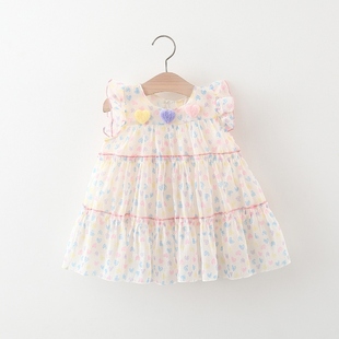 洋气女童连衣裙夏季 儿童小女孩爱心雪纺蛋糕裙婴儿女宝宝公主裙子