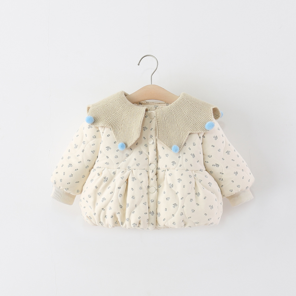 童装女童棉衣外套冬季婴儿童女宝宝毛线球球翻领碎花棉服加厚加绒