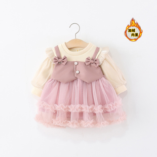 洋气女童连衣裙秋冬季婴儿童女宝宝PU皮假两件蓬蓬纱公主裙子加绒