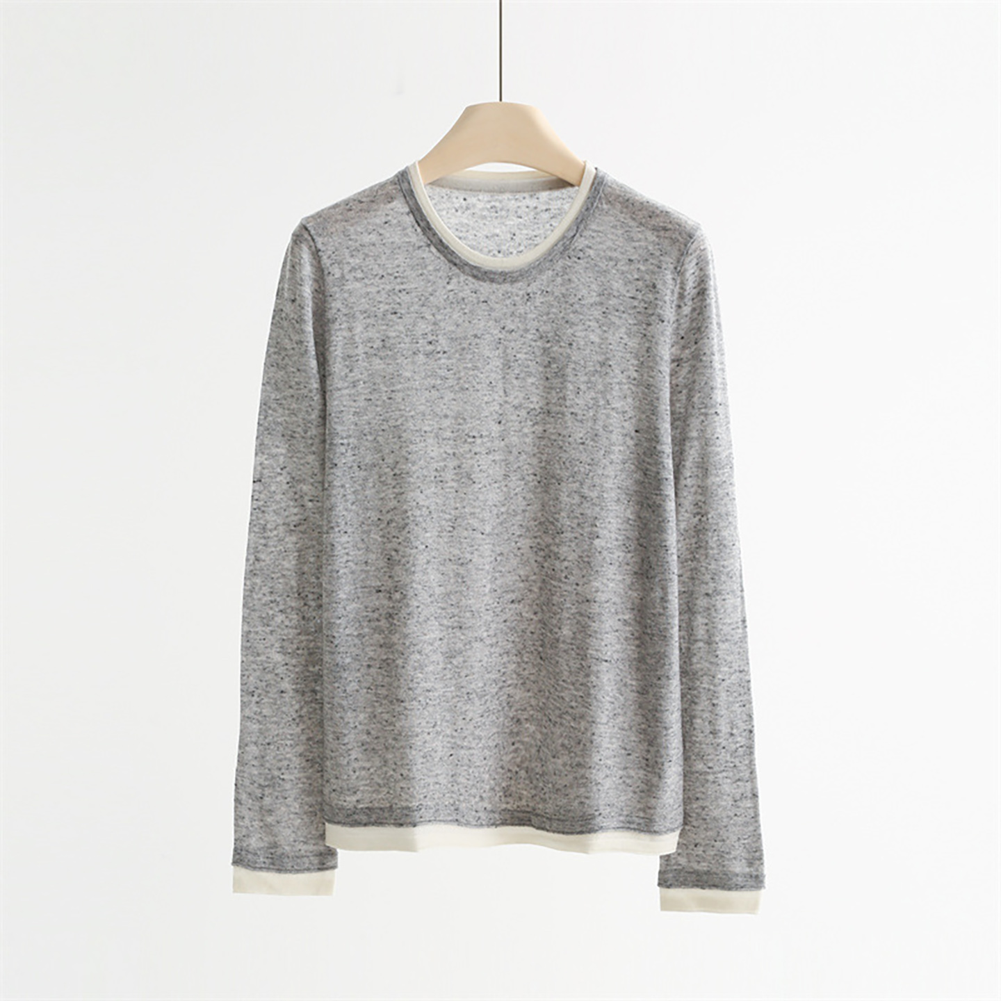 2025秋季缤纷纱亚麻羊毛撞色假两件针织衫女薄款圆领长袖上衣毛衣