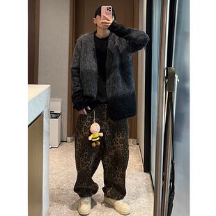 dannyandzee春季复古百搭黑灰渐变拉毛无扣开衫毛衣外套男情侣IN