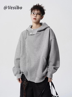 美式双拉链开衫连帽卫衣男女春秋重磅潮牌灰色加厚设计感情侣外套