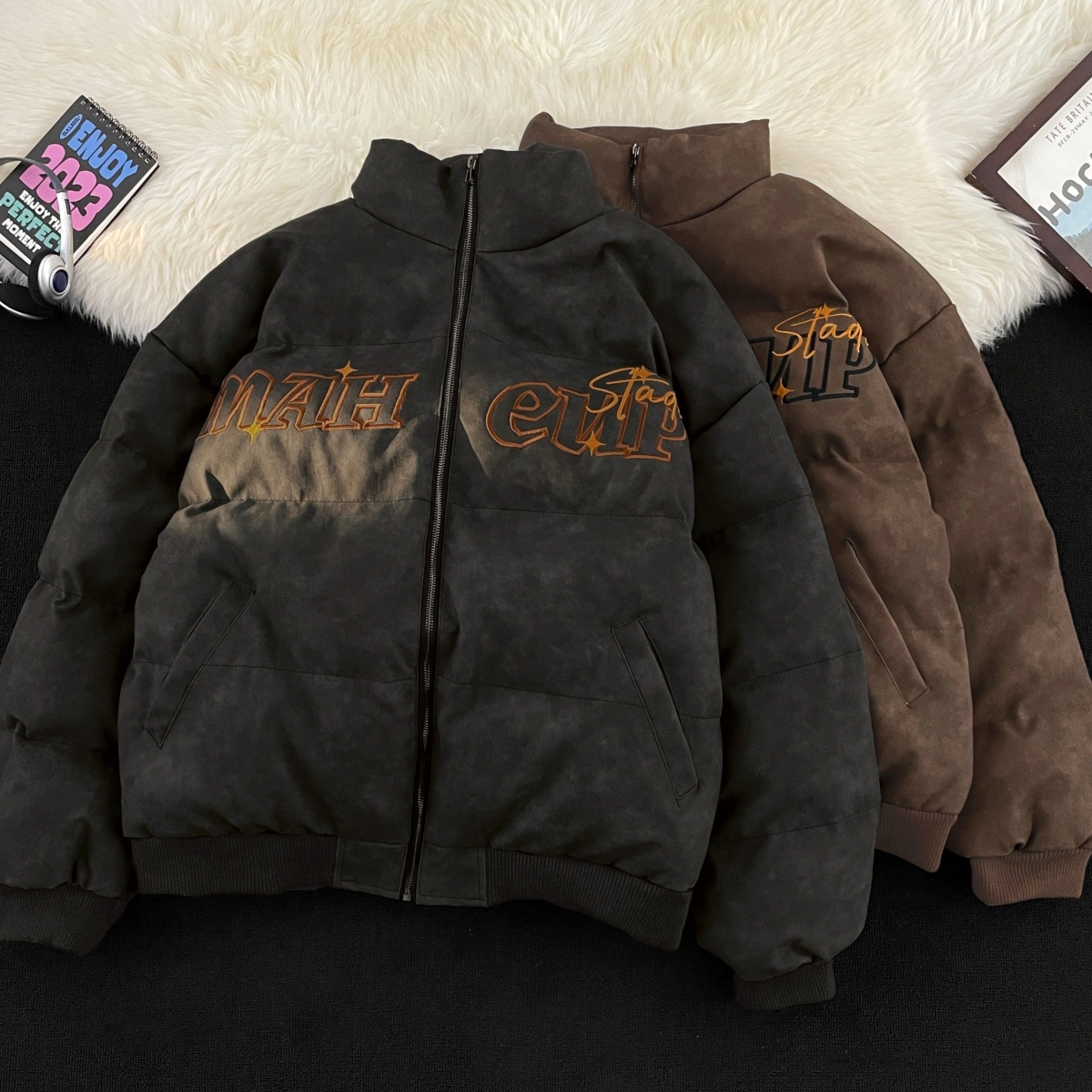 复古刺绣PU皮棉服男女冬季加厚ersize宽松皮衣外套ins潮