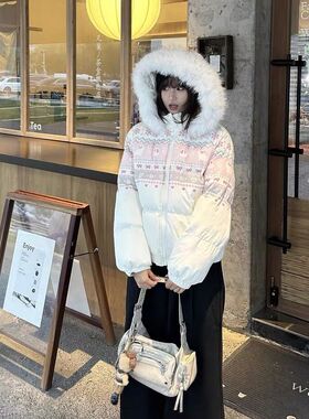 美式重磅毛领连帽棉服外套女冬季新款加绒加厚面包服保暖棉衣棉袄