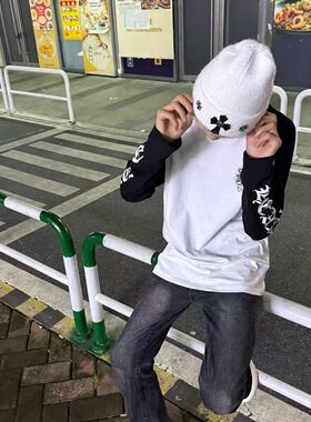 潮克罗心马蹄梵文印花插肩袖长袖T恤男女春秋小众设计感宽松上衣