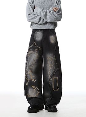 黑色渐变水洗破洞牛仔裤男女2025秋季新款街头hiphop痞帅女生阔腿