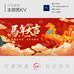 马年大吉新年公司年会策马扬鞭颁奖典礼主视觉画面背景展板KV