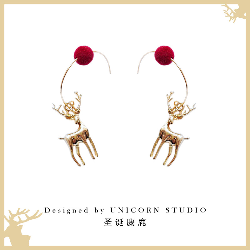 精致立体圣诞麋鹿耳环女个性设计感气质毛球耳圈简约时尚轻奢耳饰