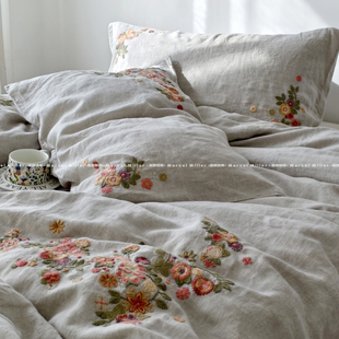 100% 亚麻刺绣四件套天然椰子扣床品 四季可用纯麻软糯亲肤套件