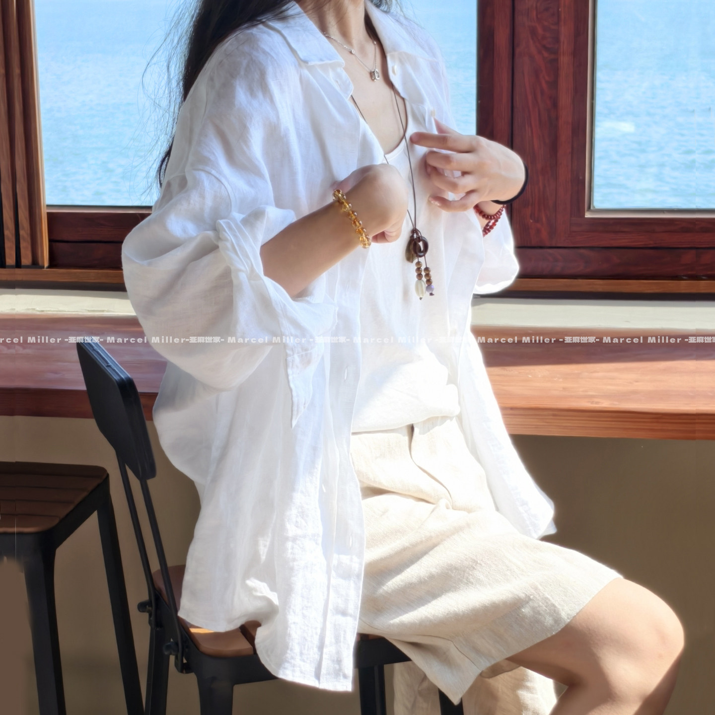Slouchy·17支纯亚麻老钱松弛感白衬衫 宽松度假防晒长袖衬衣外套