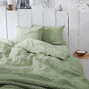 法国纯亚麻豆绿色枕套床单被套四件套 酵素水洗进口亚麻床上用品