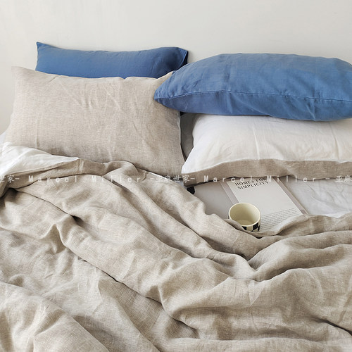 水洗天然雨露麻 双拼色AB版100%亚麻简约床单床笠四件套 舒适透气