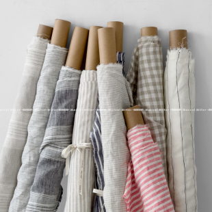 法国纱 床品窗帘定制或手工DIY面料 酵素水洗纯亚麻色织条纹布料