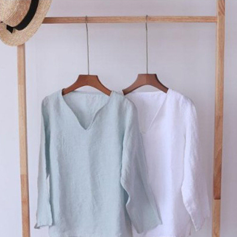 天然汉麻基础款女士v领长袖上衣  简约百搭舒适通勤纯色全麻小衫