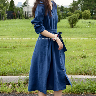 法式高级感 天然亚麻V领收腰长袖连衣裙 新款汉麻复古通勤长裙子