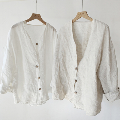 汉麻米白宽松V领衬衫雨露麻开衫