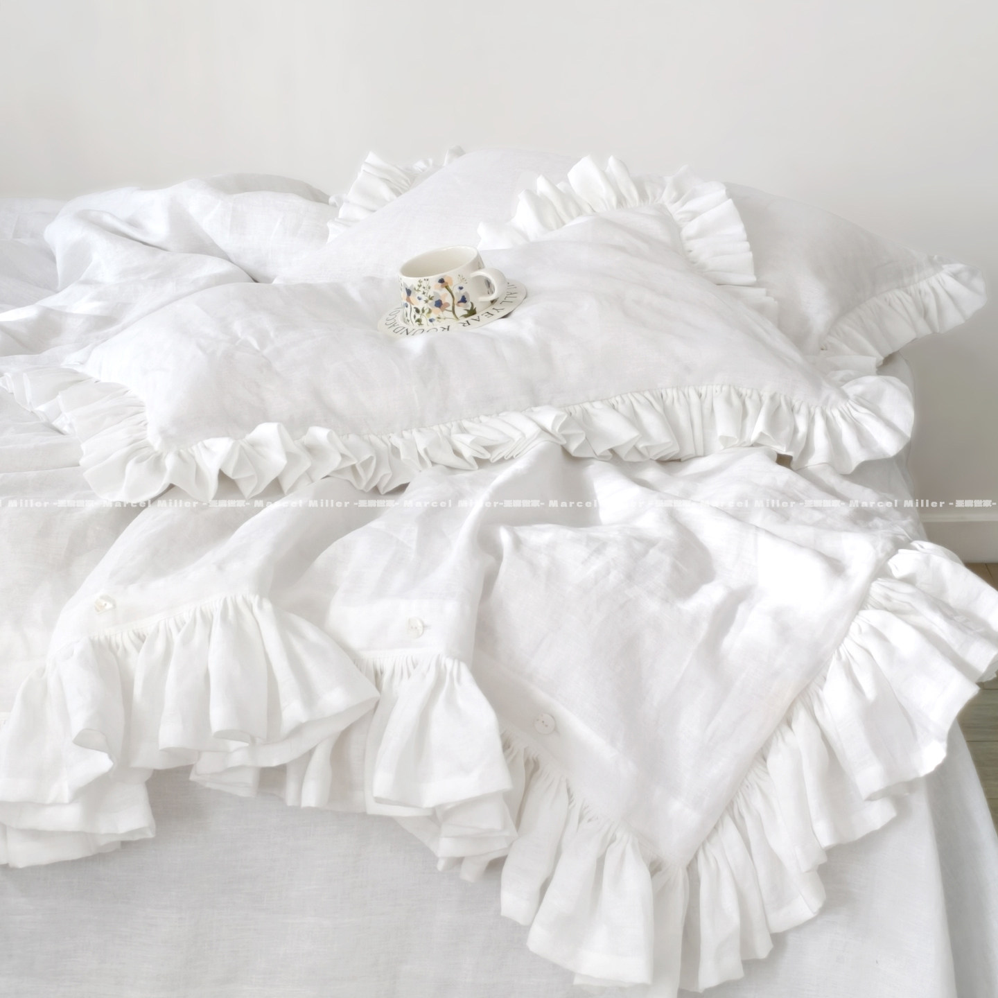 法式纯白色亚麻花边床单被套枕套 荷叶边四件套床上用品 舒适透气