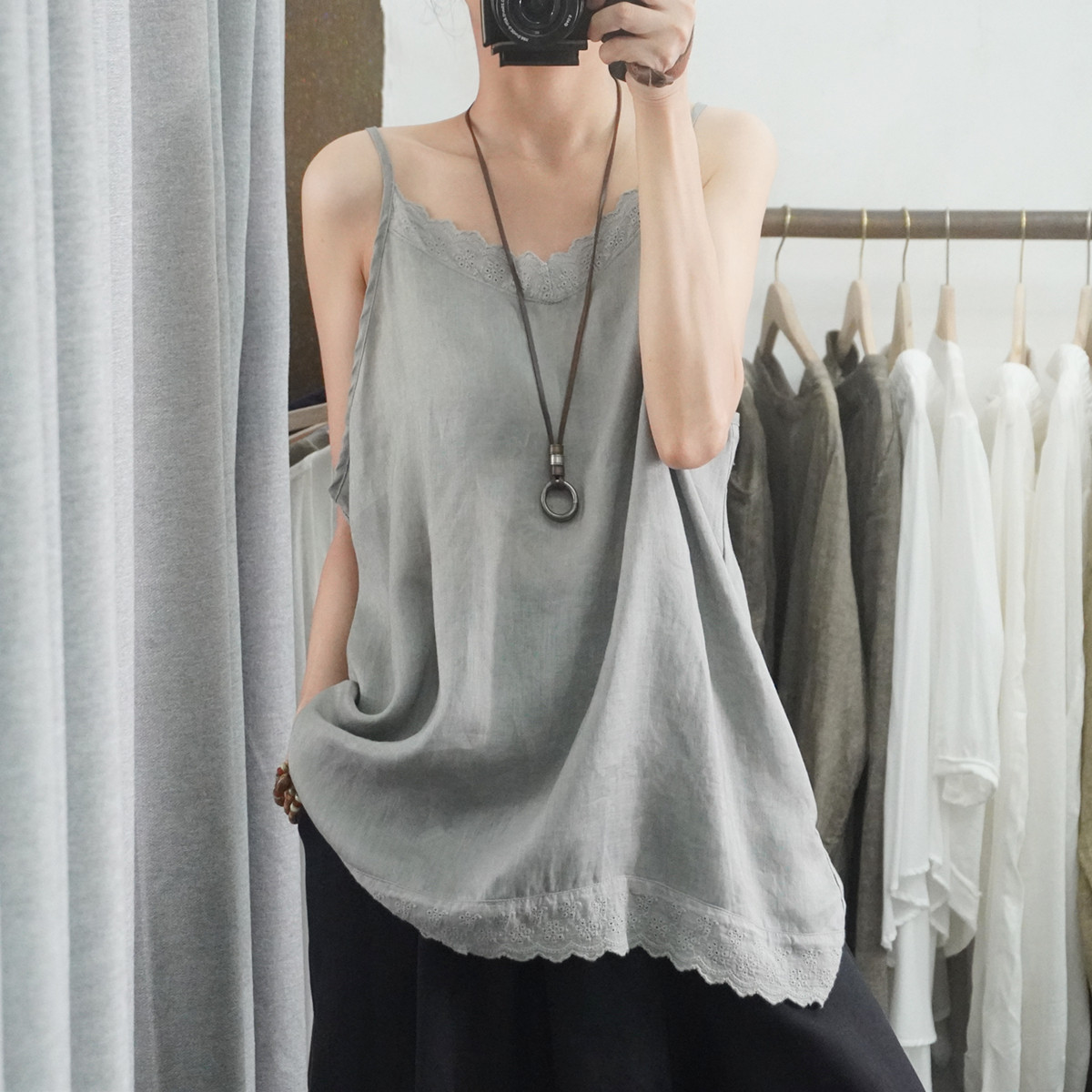 晨语 高品质纯亚麻吊带内搭背心大码宽松胖人打底白色无袖百搭夏